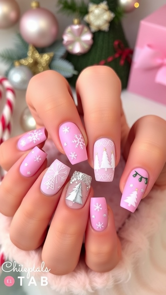 A collection of pink Christmas nail designs with festive patterns and glitter.